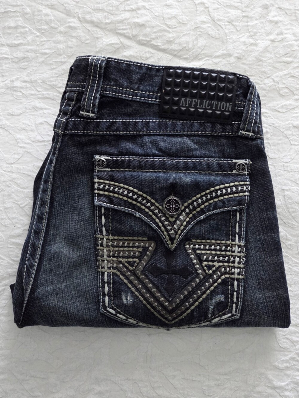 Affliction Grant Embellished Jeans, 100% Cotton Distressed, 32 Regular